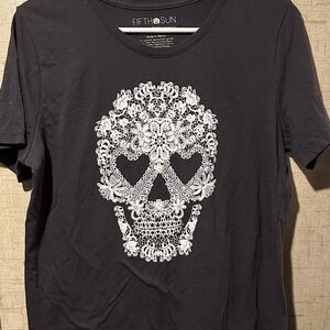 Fifth Sun Black Tee with Intricate White Skull